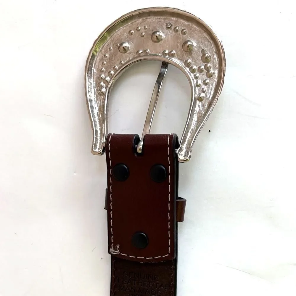 Western Cowgirl Brown Leather 1.5” Belt W/Silver Buckle Fur Rhinestones Size S